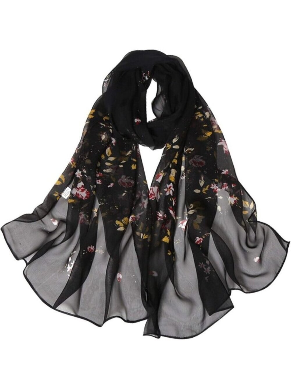Women's Black Fashion Lightweight Head Scarf Floral Print Chiffon Scarves